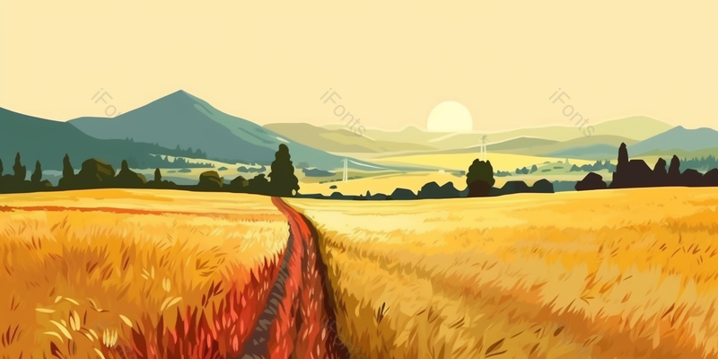 晚霞夕阳田间小路麦田农田麦穗夏季秋季黄色金色插画,插画/手绘图,插画/手绘图库,插画/手绘图下载,插画/手绘